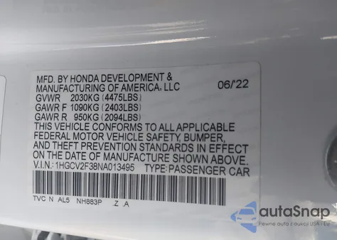 2022 Honda Accord Sport 2.0T z USA, uszkodzony, nr VIN 1HGCV2F38NA013495